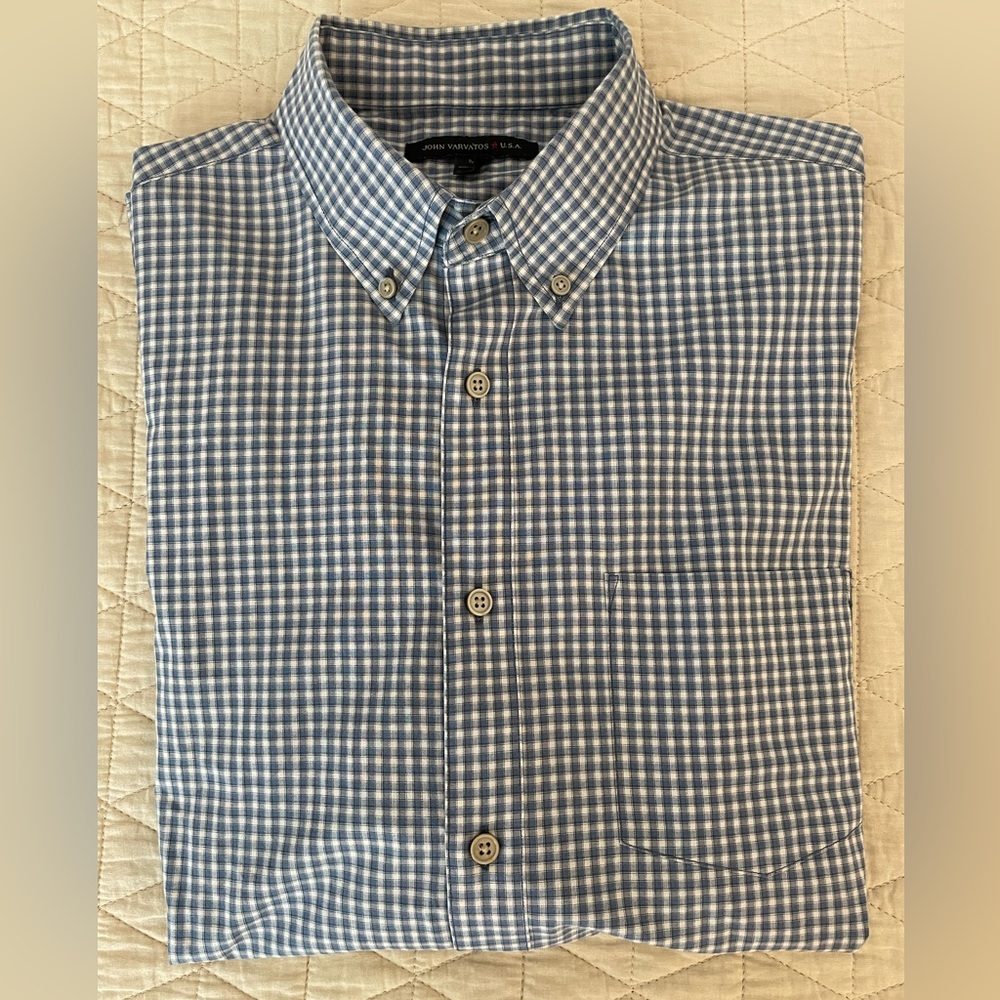 john‎ varvatos star usa Small Check Cotton Sport Shirt in Blue Tan Size M $118